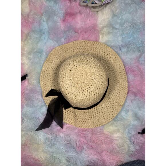 Straw Wide Brim Sun Hat Black Ribbon Bow Natural One Size - Picture 4 of 9